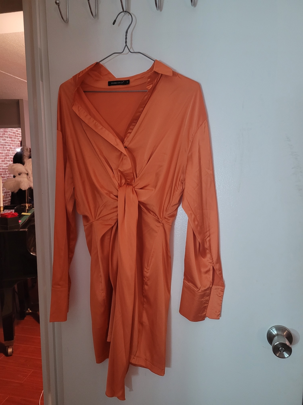 Orange Tie-Front Satin Shirt Dress
